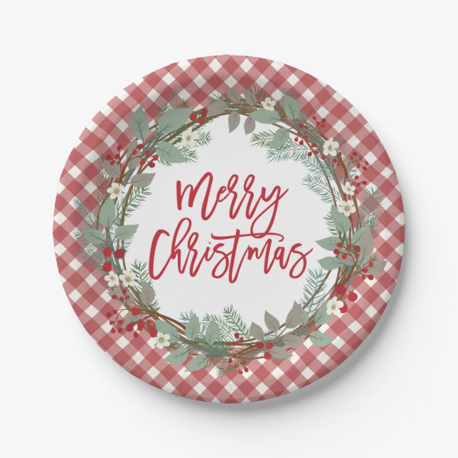 Plato De Papel Pine & Holly Rustic Farmhouse Gingham Navidades (Anverso)