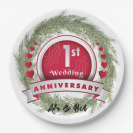 Plato De Papel Pine Needle Wreath Red Primer Aniversario Boda