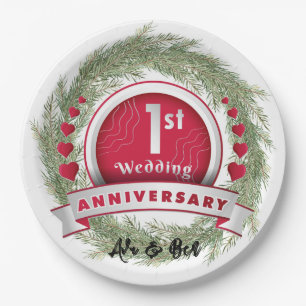 Plato De Papel Pine Needle Wreath Red Primer Aniversario Boda
