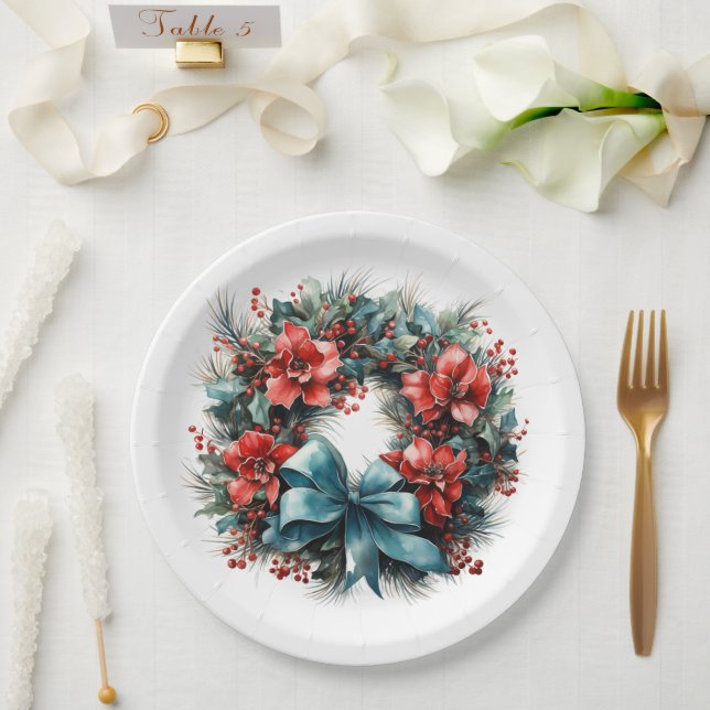 Plato De Papel Pine Wreath con Navidades Holly (Boda)