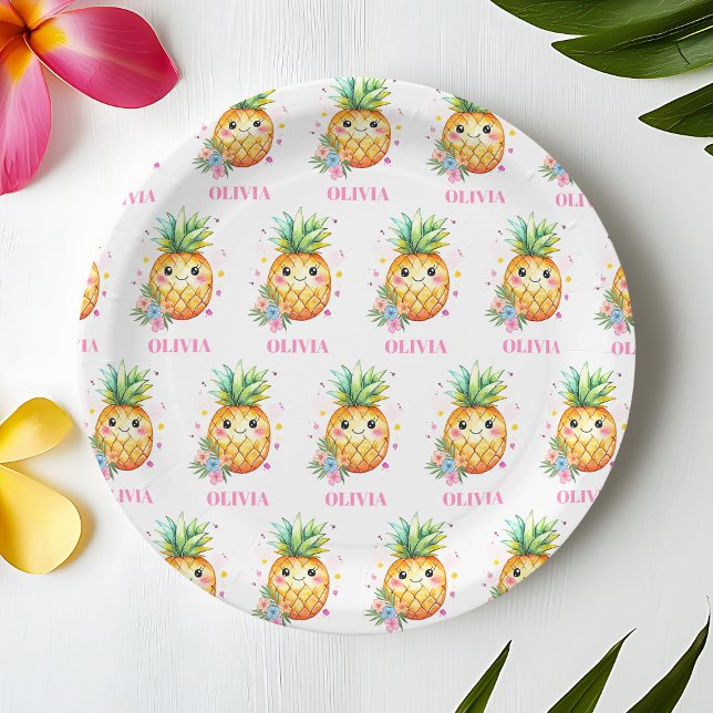 Plato De Papel Pineapple Aloha personalizado Fiesta de primer cum (Personalized Pineapple Aloha 1st Birthday Party Paper Plates)