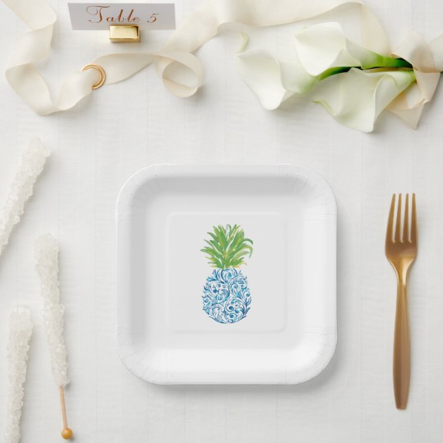 Plato De Papel Pineapple Chinoiserie Blue White Preppy (Boda)