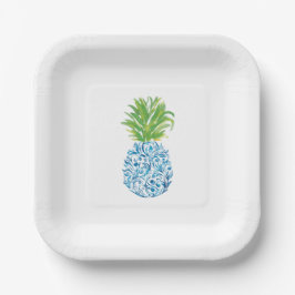 Plato De Papel Pineapple Chinoiserie Blue White Preppy