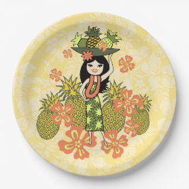 Plato De Papel Pineapple Luau Hawaiian Hula Chica