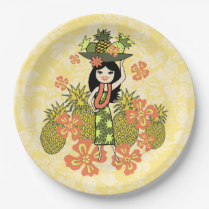 Plato De Papel Pineapple Luau Hawaiian Hula Chica