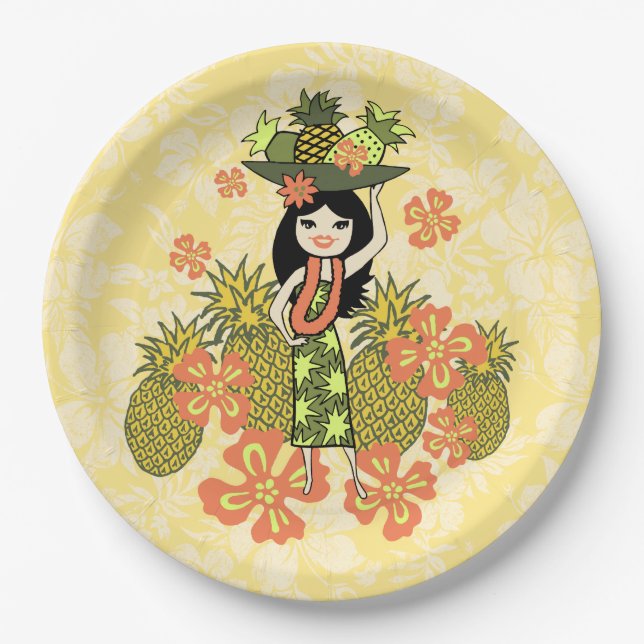 Plato De Papel Pineapple Luau Hawaiian Hula Chica (Anverso)