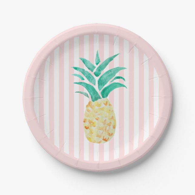 Plato De Papel Pineapple Painting Tropical Pink Stripe (Anverso)