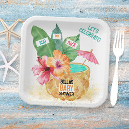 Plato De Papel Pineapple Palm Hibiscus Tropical Beach Baby Shower