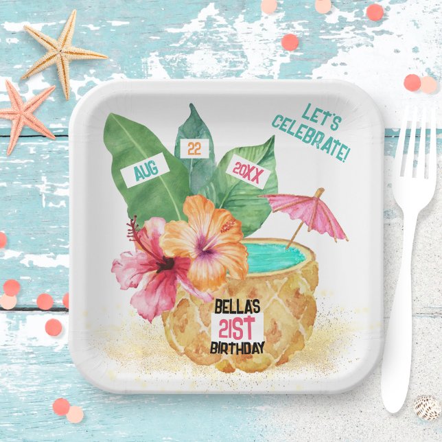 Plato De Papel Pineapple Palm Hibiscus Tropical Cocktail Cumpleañ (Subido por el creador)