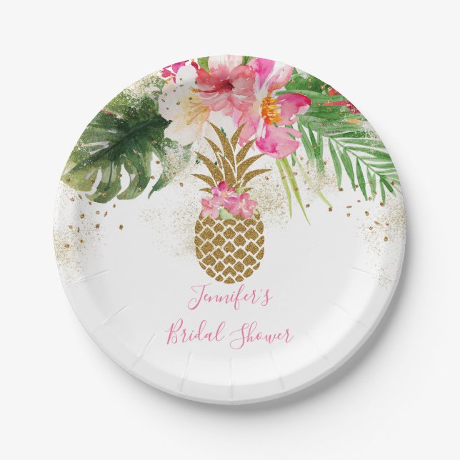 Plato De Papel Pineapple Tropical Floral Bridal Shower (Anverso)