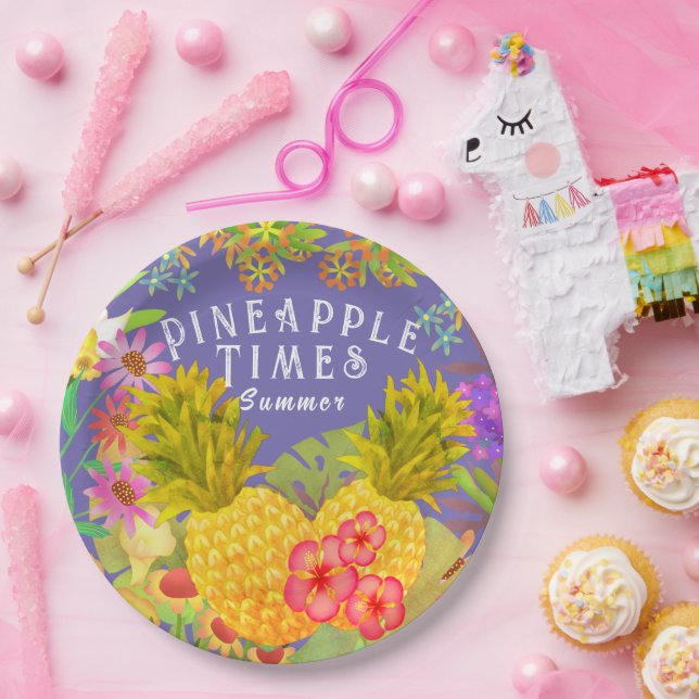 Plato De Papel Pineapples Floral Purple (Fiesta)