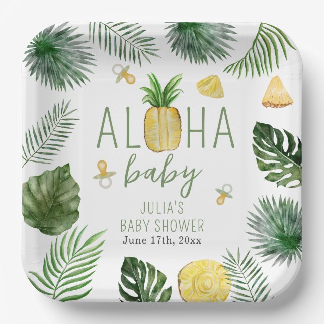Plato De Papel Pineapples y Pacificadores Aloha Baby Shower Green (Anverso)