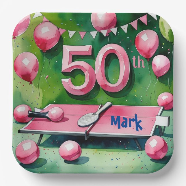 Plato De Papel Ping pong 50 cumpleaños con el número 50 (Anverso)