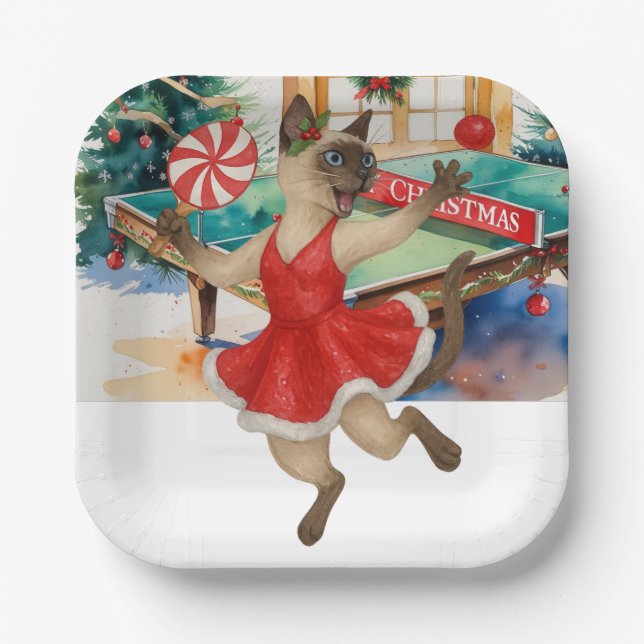 Plato De Papel Ping Pong con tema de Navidad para amantes de gato (Anverso)