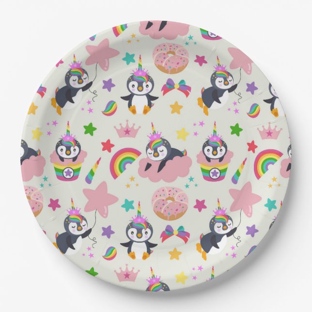 Plato De Papel Pinguim Unicórnio (Anverso)