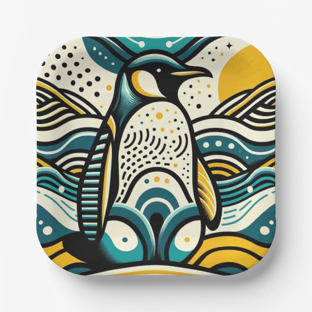 Plato De Papel Pingüino Azul Verde azulado Amarillo Mostaza En On (Anverso)
