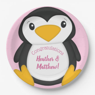Plato De Papel Pingüino Baby Shower Pink