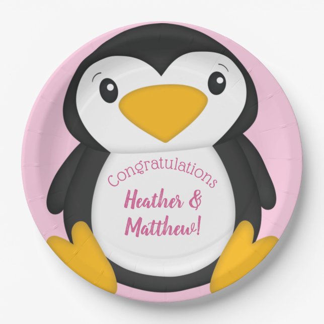 Plato De Papel Pingüino Baby Shower Pink (Anverso)