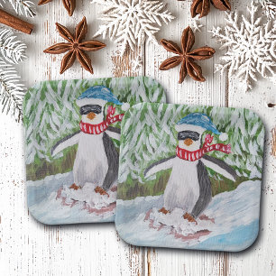 Plato De Papel Pingüino con gafas de esquí en pista