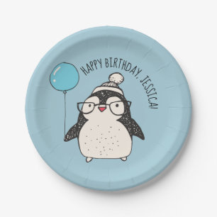 Plato De Papel Pingüino con globo azul personalizado
