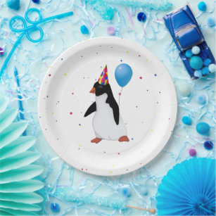 Plato De Papel Pingüino Con Placas De Papel De Cumpleaños De Glob