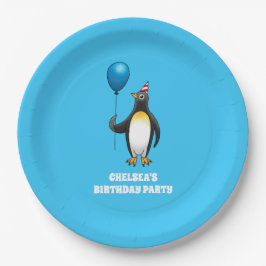 Plato De Papel Pingüino con un globo azul
