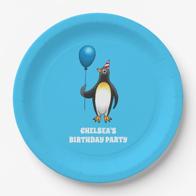 Plato De Papel Pingüino con un globo azul (Anverso)