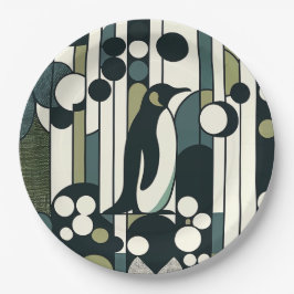 Plato De Papel Pingüino crema verde perdido en la geometría