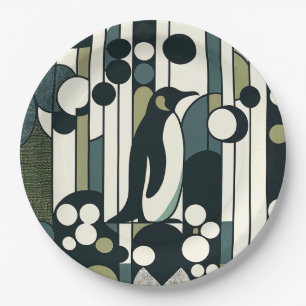 Plato De Papel Pingüino crema verde perdido en la geometría