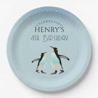 Plato De Papel Pingüino de color de agua adorable cumpleaños en e