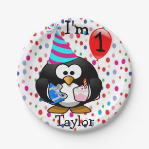 Plato De Papel Pingüino de Dibujos Animados Personalizado Cumplea