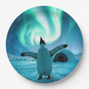 Plato De Papel Pingüino de Felices Fiestas Bajo Luces del Norte
