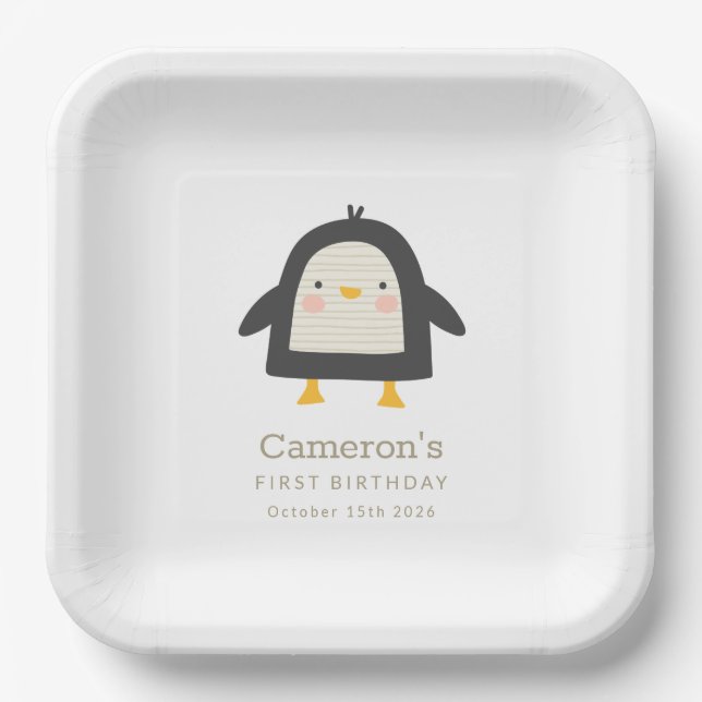 Plato De Papel Pingüino de Invierno Cuto Simple Primer Cumpleaños (Anverso)