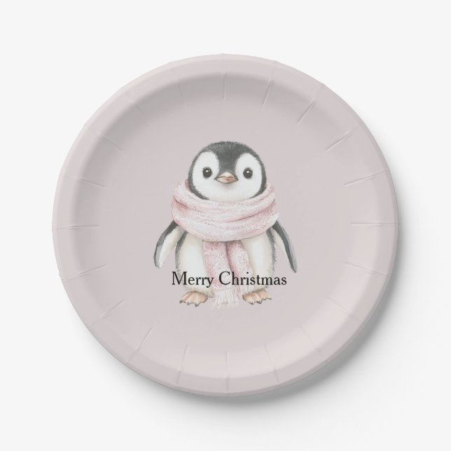 Plato De Papel Pingüino de Navidad con bufanda rosa (Anverso)