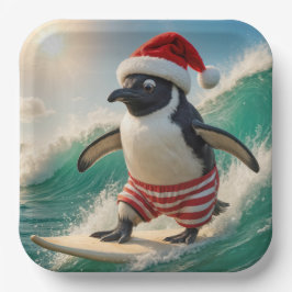 Plato De Papel Pingüino de Navidad surfeando en una ola del océan