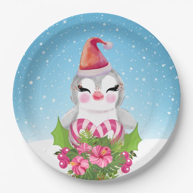 Plato De Papel Pingüino de Navidades burdos en Santa Hat (Anverso)