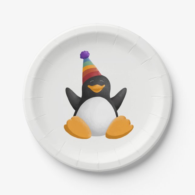 Plato De Papel Pingüino del feliz cumpleaños (Anverso)