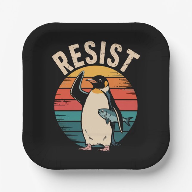 Plato De Papel Pingüino Divertido Resiste Protesta Contra Arancel (Anverso)