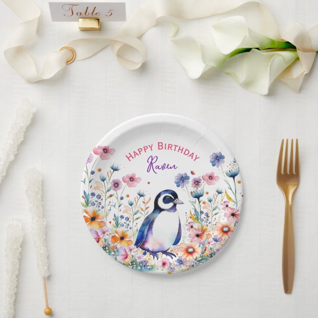 Plato De Papel Pingüino en Chica de flores Cumpleaños personaliza (Boda)