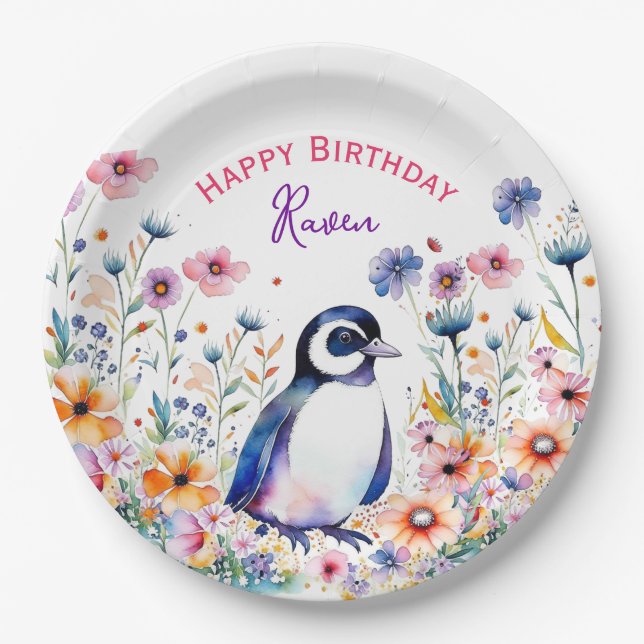Plato De Papel Pingüino en Chica de flores Cumpleaños personaliza (Anverso)