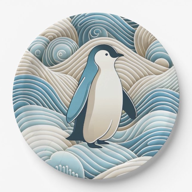Plato De Papel Pingüino En Ondas Abstractas De Crema Azul (Anverso)