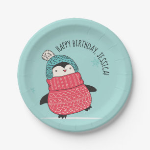 Plato De Papel Pingüino en un suéter personalizado