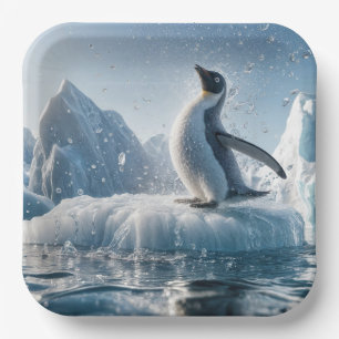Plato De Papel Pingüino Feliz En Un Iceberg
