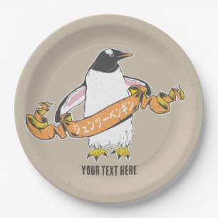 Plato De Papel Pingüino Gentoo en japonés escribiendo kanji