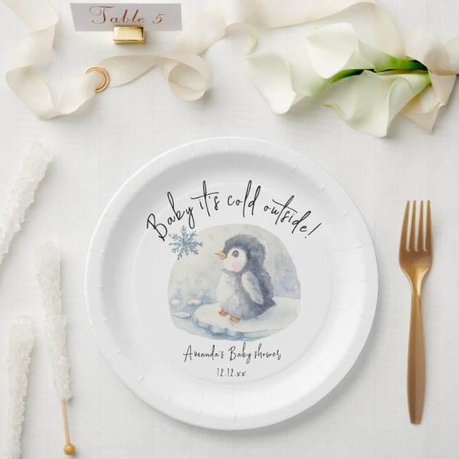 Plato De Papel Pingüino lindo ártico - bebe hace frío afuera (Boda)