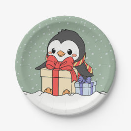 Plato De Papel Pingüino lindo con regalos de Navidades en la neva