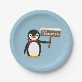 Plato De Papel Pingüino lindo con Rótulo de estafa y madera