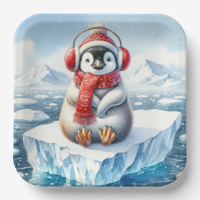 Plato De Papel Pingüino navidad En Copos De Nieve (Anverso)