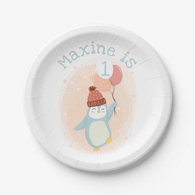Plato De Papel Pingüino personalizable dulce pastel con globos (Anverso)