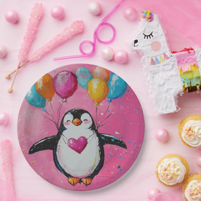 Plato De Papel pingüino personalizado lindo con globos (Fiesta)